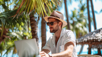 person working on laptop at the beach, laptop, beach, computer, sea, business, summer, notebook, internet, work, working, vacation, ocean, sitting, technology, travel, water, sand, holiday