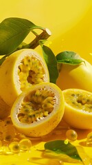 Wall Mural - sliced passion fruit with vibrant yellow juice splashing in fresh summer light