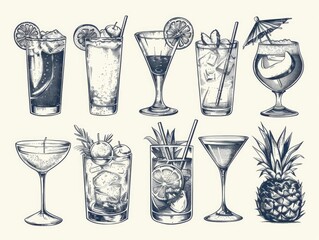 Wall Mural - a set of 12 different types of drinks, including martinis, cocktails, and fruit drinks, are drawn in