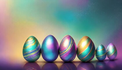 Holographic metallic painted Easter eggs on gradient background with copy space, vivid colorful Easter banner.
