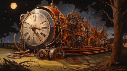 Wall Mural - A clock is on the ground with a moon in the background. The clock is old and has rusted parts