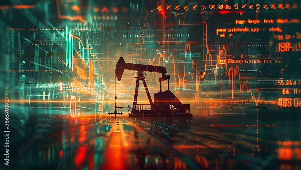 Illuminated oil pumpjack with financial fossil fuels business data ...