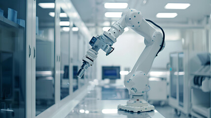 robot arm in white modern factory, white room