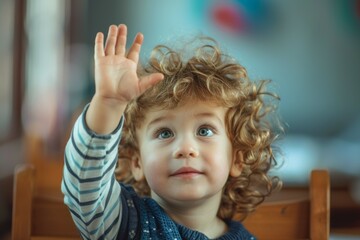 Poster - A young child with curly hair is waving at the camera