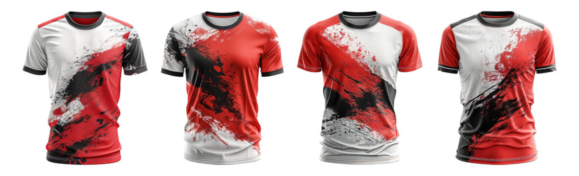 set of sports t-shirts with grunge abstract pattern front view, generative ai