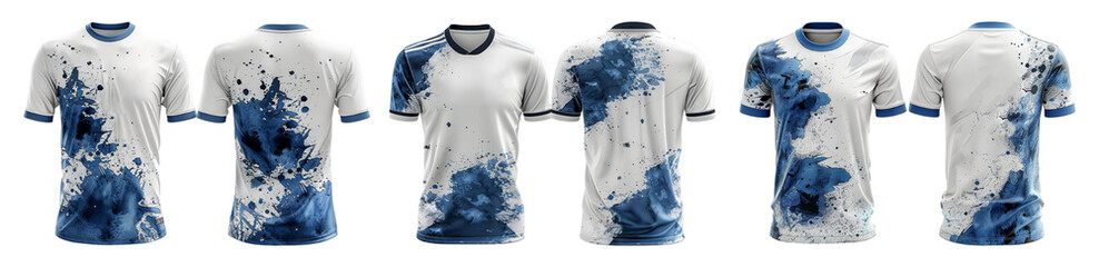 set of white sports t-shirts with blue splashes abstract pattern, front and back view, generative ai