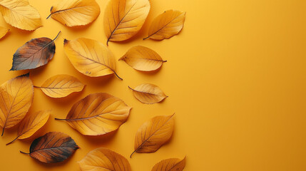 Poster - Scattered autumn leaves on a yellow backdrop creating a seasonal mosaic.