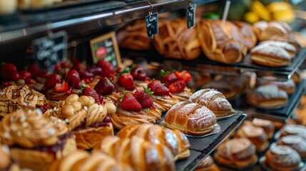 A display of a bakery with many different types of pastries, AI