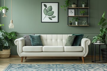 Wall Mural - A modern living room featuring green walls and a white couch.