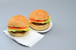 Sandwich, hamburger, fast food, lunch on gray background