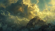 Easter background. Happy easter! Crucifix on a mountain against the sky