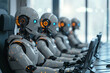 Row of robots in call center working as operators answering customer calls. Robots Working in the Office instead of Human. Future robot technology concept. 