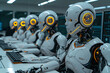 Row of robots in call center working as operators answering customer calls. Robots Working in the Office instead of Human. Future robot technology concept. 