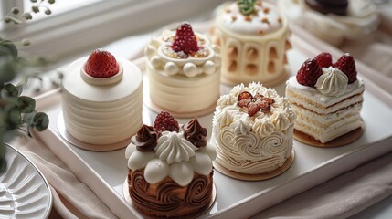 Poster - 6 cakes are placed on a white mat, mini cakes of different shapes and sizes are decorated on top. Generative AI.
