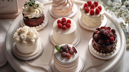 Poster - 6 cakes are placed on a white mat, mini cakes of different shapes and sizes are decorated on top. Generative AI.