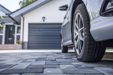 A close-up of a modern two-car garage. The garage is part of a stylish contemporary home, with a design that emphasizes simplicity and functionality