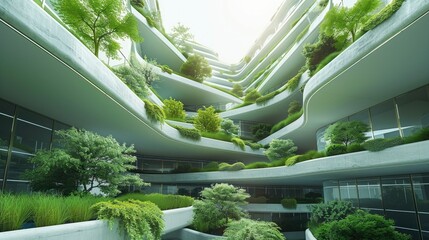 Aufkleber - Minimalistic urban futuristic architecture with lots of green plants and grass, many buildings, low carbon, negative space, sunny day. Generative AI.