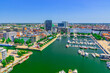 Antwerp cityscape, aerial panoramic view of Antwerp city, water canals and Bonaparte Dock harbour with yachts boats moored in marina, skyline horizon panorama of Antwerpen, Flemish Region, Belgium