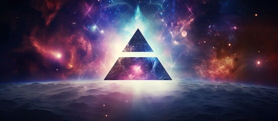 Wall Mural - A triangle with an electric blue light shining from its center floats in the darkness of a galaxy, surrounded by magenta hues. This artistic event displays the symmetry of science and art