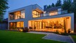 luxurious modern house exterior house illuminated by elegant lighting and garden in the evening created with generative ai.	