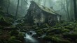 A stone mill with a water wheel surrounded by mossy rocks and greenery, ancient gnarled trees nestled in the heart of an ancient forest shrouded in mist. Generative AI.