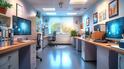 Wall Mural - Doctors Office medical, large desktop monitor computers. Generative AI.