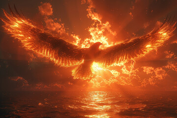 Wall Mural - Regal Ra, the falcon-headed god of the sun, rises majestically above the horizon, bringing light and warmth to the world below.  Generative Ai.