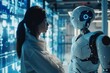 A young woman stands face-to-face with an advanced robot, their mutual gaze reflecting a moment of connection between human intelligence and artificial cognition.
