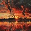 A striking illustration showing an industrial landscape bathed in the warm hues of a setting sun reflecting on water.