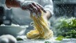 A professional pastry chef creating moderate quantity of thick, round, green noodles suspended in mid-air. Generative AI.
