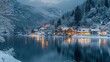 A beautiful lake in the mountains, surrounded by snow-covered trees and cozy houses at dusk. The water reflects the soft blue light from the setting sun. Generative AI.