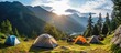 Camping tent near a mountain river in summer.landscape,banner.