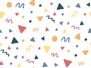 Poster - Doodle abstract geometric elements seamless pattern. Colorful hand drawn doodle shapes background. Triangles, spots, scribbles drawing. Freehand texture for design. Wallpaper, fabric, cover print