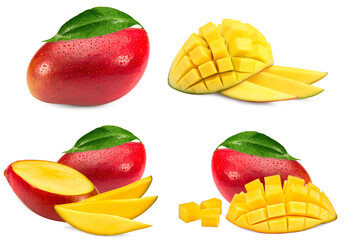 Wall Mural - fresh sliced mango with green leaves isolated on white background. exotic fruit. clipping path