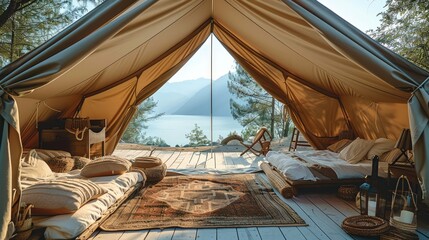 Wall Mural - Luxury glamping tent with a view. Generative AI.