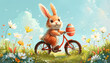 A cute cheerful rabbit holds an egg and rides a bicycle on the occasion of easter celebration, creative illustration.