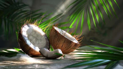 Poster - A half eaten coconut on a table, suitable for tropical themed designs