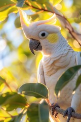 Poster - A white parrot perched on a tree branch. Ideal for nature and wildlife concepts