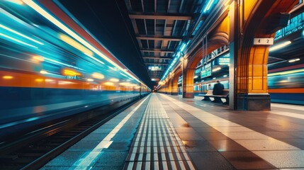 Poster - Blurry image of a train at a station, suitable for transportation themes