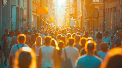 Poster - A large group of people walking together on a street. Suitable for illustrating urban lifestyle