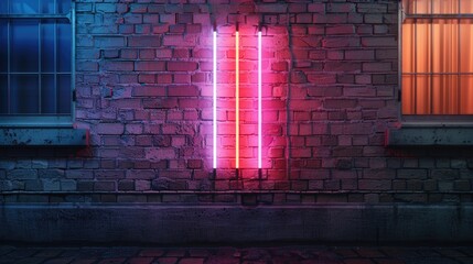 Sticker - A neon sign on a brick wall next to a window. Suitable for urban and nightlife concepts