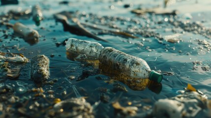 Poster - Plastic bottle floating on calm water surface. Suitable for environmental concepts