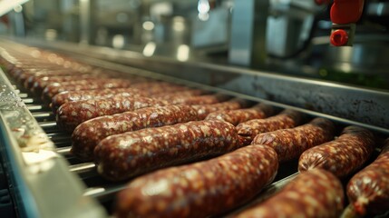 Poster - Sausages being cooked on a conveyor belt. Suitable for food industry concepts