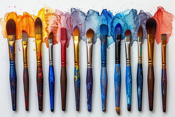 Poster - Vibrant watercolor paint set with brushes isolated on a white background. Concept of artistic expression. Generative Ai.