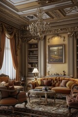 Poster - A warm and inviting living room with elegant furniture and a beautiful chandelier. Perfect for home decor concepts