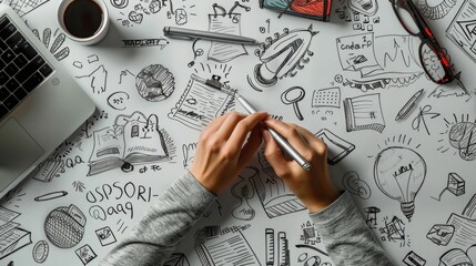 Aufkleber - A person is writing on a piece of paper next to a laptop. Suitable for business and education concepts