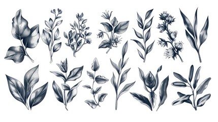 Poster - Collection of different types of leaves and flowers, suitable for various design projects