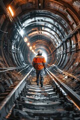 Aufkleber - A man in an orange jacket walking through a tunnel. Suitable for various business concepts
