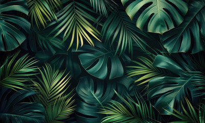Poster - A background of dark green palm leaves. Generative AI.