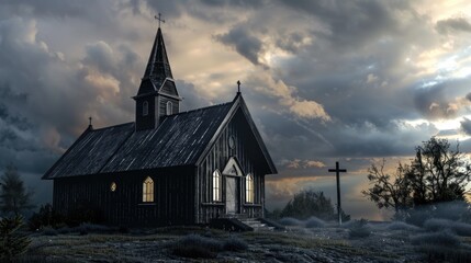 Poster - A black church with a steeple and a cross in the foreground. Ideal for religious or architectural projects